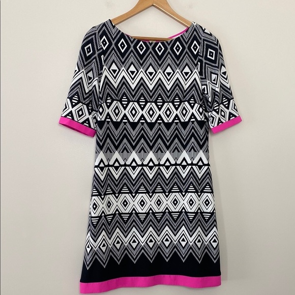 Eliza J Dresses & Skirts - Eliza J Geometric Patterned Dress with Pink Accents 3/4 Sleeve Zipper Back Sz 10